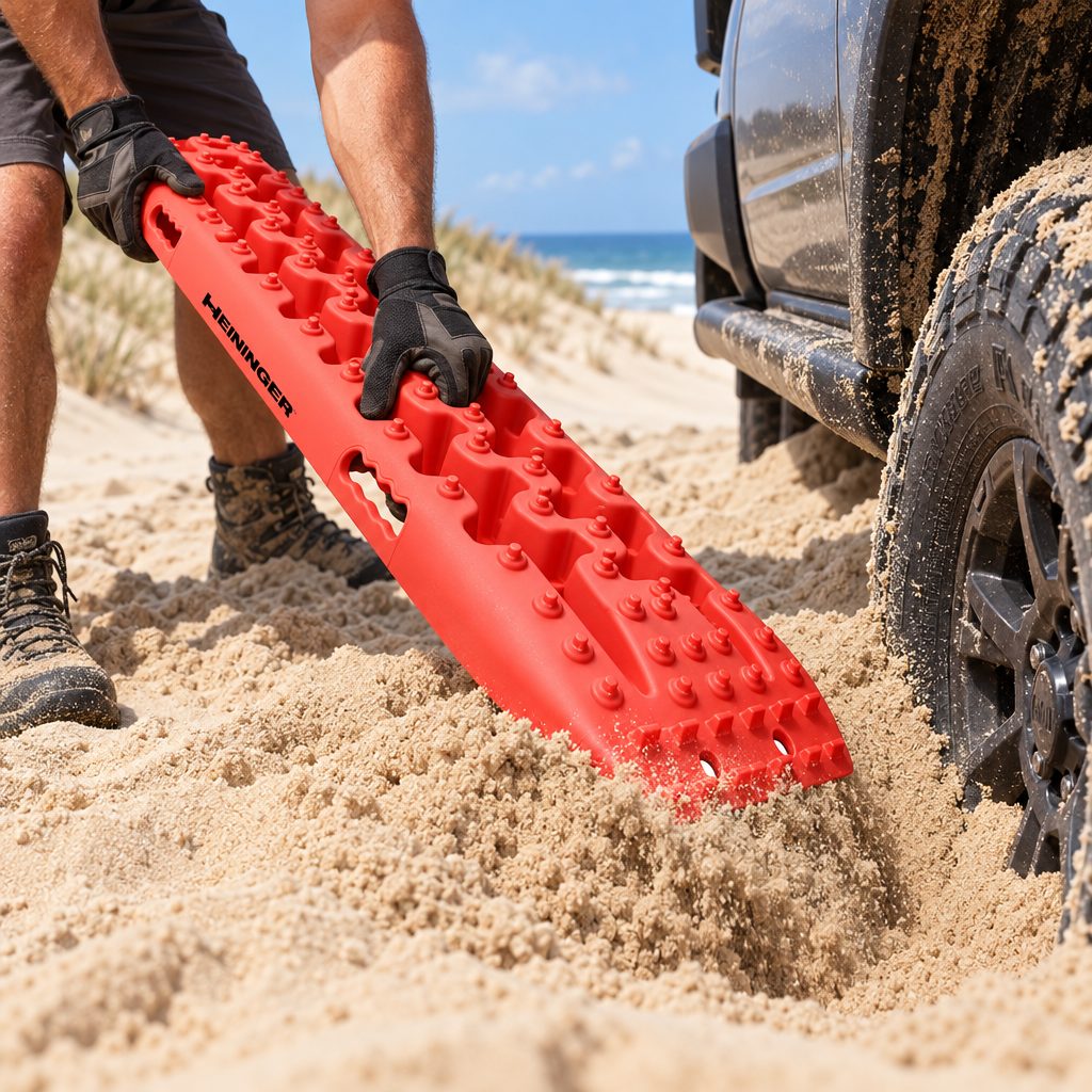 Hands using the shovel end of the traction board to dig sand