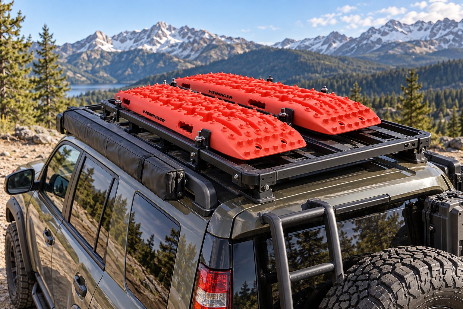 Two red traction boards mounted on an SUV roof rack