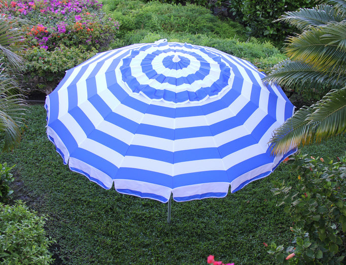 heininger patio umbrella Deluxe 8 ft Royal Blue and White Stripe Patio & Beach Umbrella with Travel Bag
