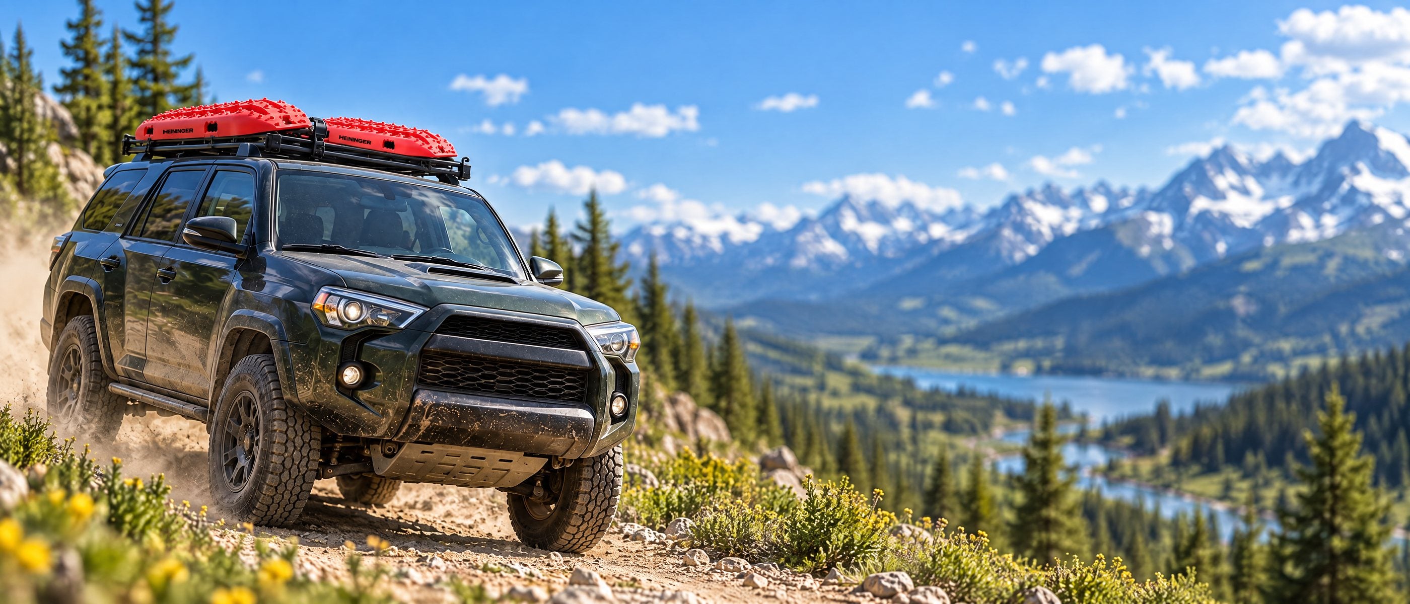 Overland SUV with Heininger traction boards on the roof on a mountain trail