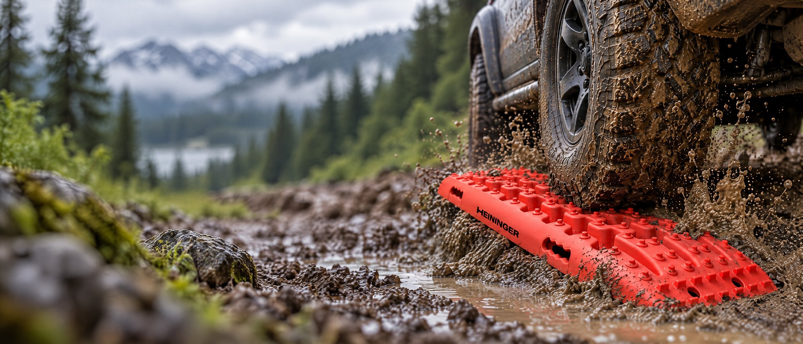 Heininger red traction board under a 4x4 tire on a muddy forest trail