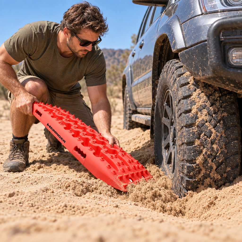 Clearing sand in front of a stuck tire with the board