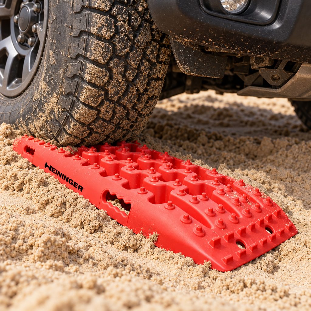 Traction board wedged under the front of a tire