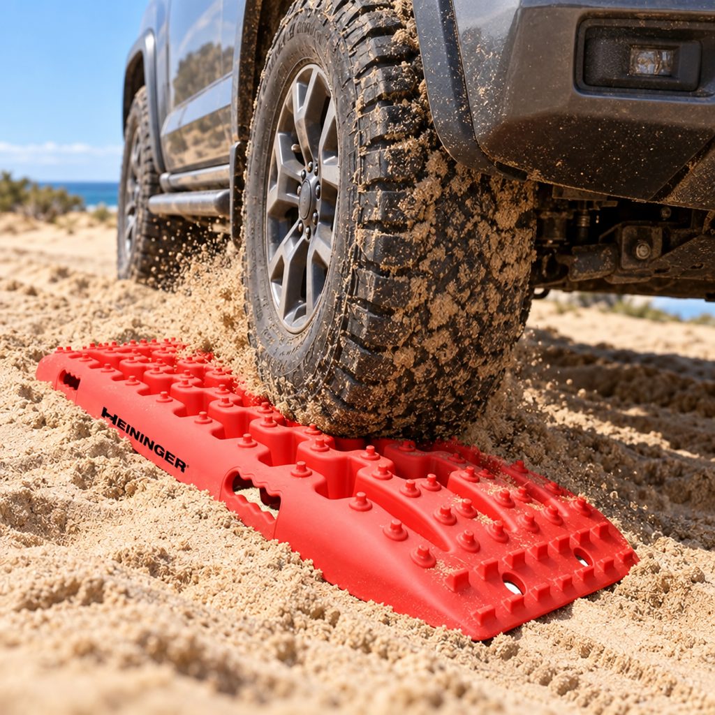 SUV driving out of sand over the traction board