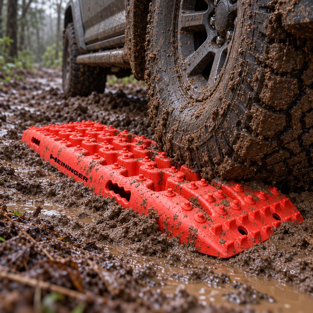 Traction board wedged under an SUV tire in deep mud