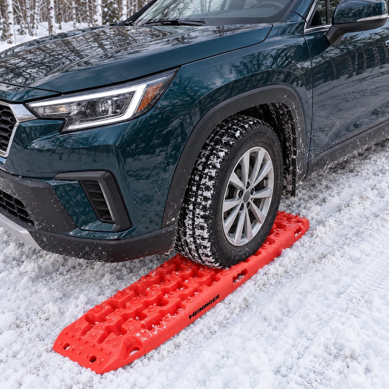 Traction board under an SUV tire on a snowy road